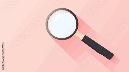 Magnifying glass flat minimalist vector illustration with long shadow on pink background for inspection research and investigation concept