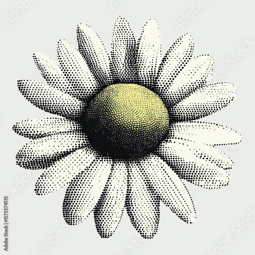 Vintage halftone daisy flower illustration with white petals and yellow center in retro minimalist vector style for natural floral design elements