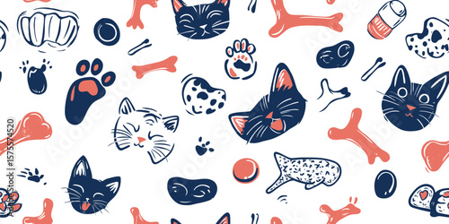 Seamless pattern of hand drawn doodle cat faces, paws, fish bones, bones, and pet toys in flat minimalist style for pet and veterinary themes