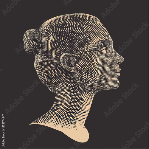 Profile of woman head composed of beige halftone dots on dark background stylized minimalist vector portrait with bun hairstyle and detailed facial features