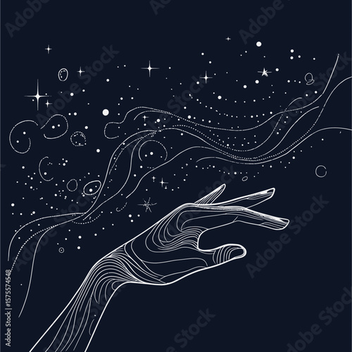 Abstract wireframe hand drawing cosmic starry sky with swirling galaxy shapes and dotted constellation trails on dark background vector illustration
