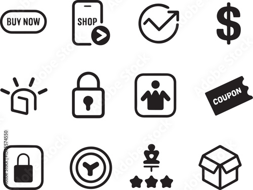 monochrome outline icons themed around online shopping. Symbols include buy now button, mobile shop app, dollar sign, open box, secure payment padlock, coupon ticket, product image, and review stars..