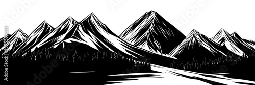 Black and white vector illustration of sharp mountain peaks with pine forest and river landscape in minimalist woodcut style scenic wilderness nature view