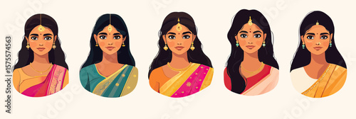 Set of five Indian women avatars wearing traditional sarees with jewelry and hairstyles, flat minimalist vector portraits of South Asian girls in colorful ethnic dress for cultural representation