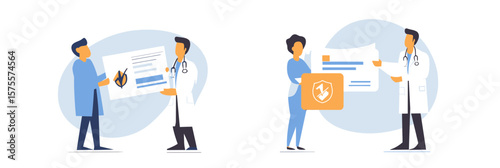 Doctor and patient exchanging medical insurance documents and ID card in flat minimalist style healthcare concept vector illustration