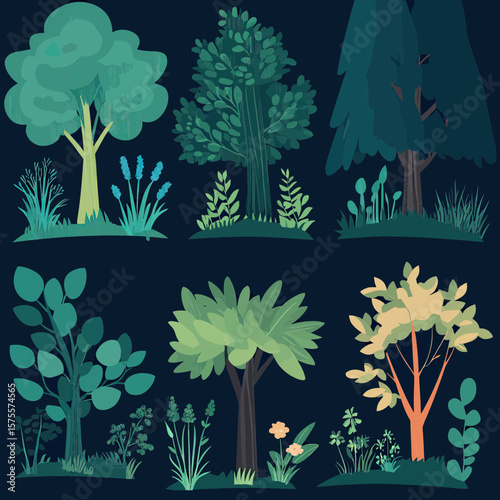 Set of six flat minimalist vector illustrations of diverse tree and plant types with surrounding grass and flowers on dark background for nature or environment design concepts