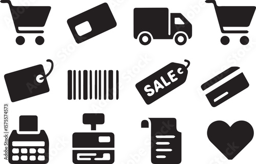 e-commerce icons arranged in a 4x6 grid on a white background. Icons include shopping cart, credit card, delivery truck, sale tag, barcode, cash register, receipt, and wishlist heart. Al.eps