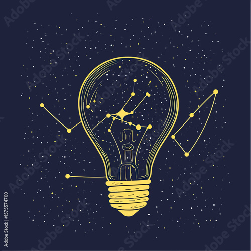 Abstract yellow light bulb with constellation star lines inside and around on dark blue space background digital vector illustration of creativity and innovation concept
