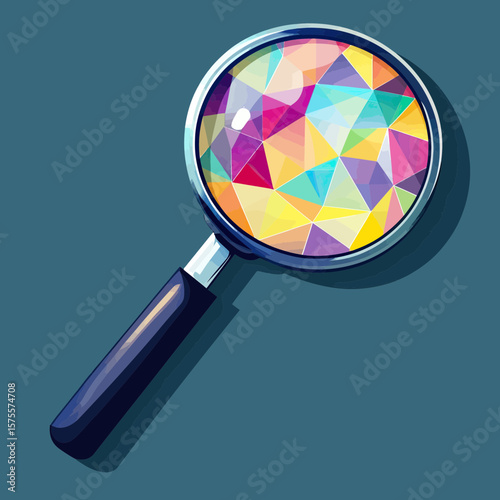 Colorful polygonal magnifying glass with geometric abstract patterns and modern flat design concept on dark background