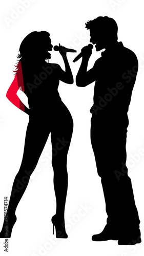 Silhouette of man and woman singing karaoke with microphones isolated on white background flat minimalist vector illustration for entertainment and music theme