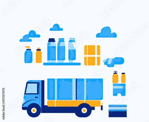 Blue and yellow water delivery truck with bottles, containers, and essential liquid dispensers in minimalist flat vector style concept illustration