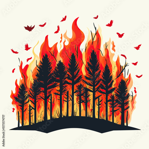 Silhouetted pine forest engulfed in vibrant orange and red flames with flying birds against light background vector illustration