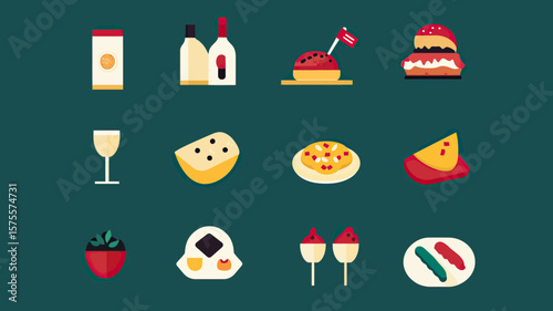 Flat minimalist vector icons of various food and drink items including cheese, wine, pizza, watermelon, burger, onigiri rice ball, cake pops, and tomato on dark green background