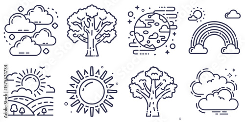 Nature phenomena icon - sun, tree, cloud, rainbow, rain set for educational blogs, weather websites, and science presentations
