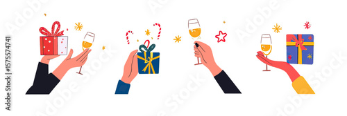 Set of colorful hand gestures holding Christmas gifts and sparkling wine glasses with festive decorations flat minimalist vector illustration