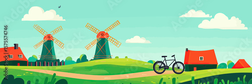 Minimalist flat vector landscape with red roof houses, twin old windmills, green rolling hills, bicycle, blue sky and scattered clouds in countryside scenery