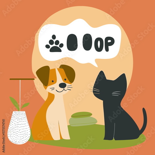 Flat minimalist vector illustration of brown dog and black cat sitting together on green carpet with poop icon in speech bubble and modern lamp background home interior concept