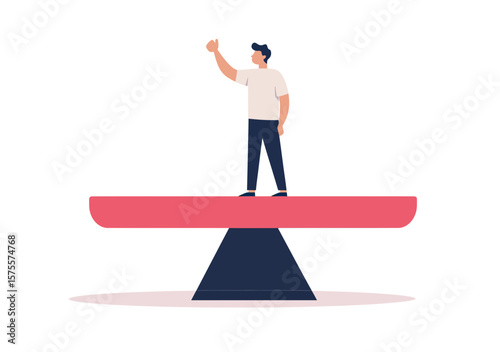 Businessman standing on red seesaw balance scale giving thumbs up gesture isolated on white background, success concept vector illustration