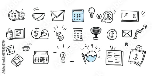 Hand drawn doodle finance and business icons set with calculator money envelope light bulb growth chart banknotes and credit card elements vector illustration