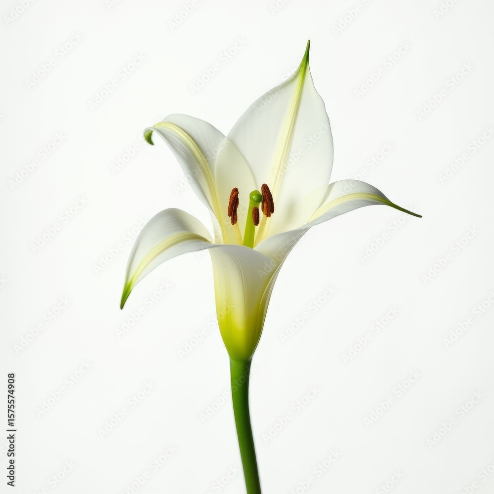 Obraz premium Pristine White Lily Centered on White Background Showcasing Astonishing Translucency and Subtle Green Pistil