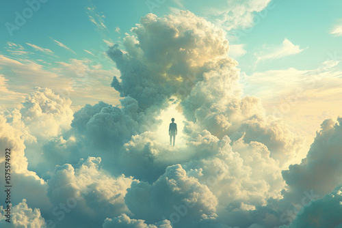 Conceptual image of a silhouette of a man walking through the sky in fluffy white clouds.