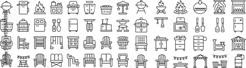 Backyard firepit outdoor features line icon set. Vector pictograms of kitchen, patio, fireplace, chiminea, pizza oven, firewood, propane tank, thin linear.eps