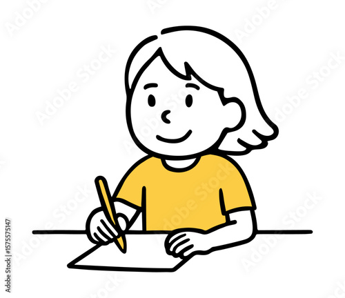 Girl Sitting at Desk Drawing with Pen. Writing at Desk, Child Writing, Educational Art. Hand-Drawn Line Vector Illustration Doodle Style