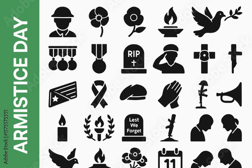 A collection of 25 Armistice Day -related editable Black Silhouette Icon.