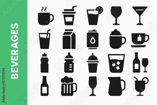 A collection of 25 Beverages-related editable Black Silhouette Icon.