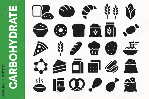 A collection of 25 Carbohydrate-related editable Black Silhouette Icon.