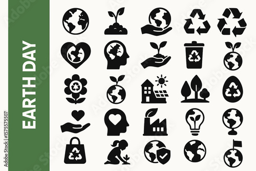 A collection of 25 Earth Day-related editable Black Silhouette Icon.