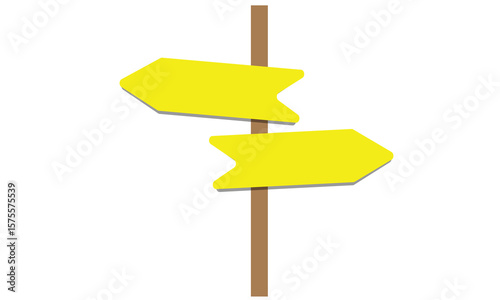A wooden signpost with four blank directional arrows pointing in different directions on a solid yellow background