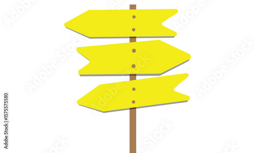 A wooden signpost with four blank directional arrows pointing in different directions on a solid yellow background