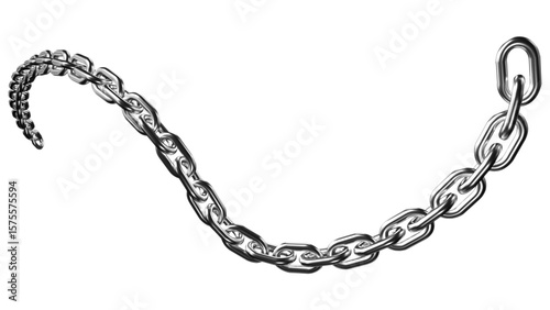 A shiny metallic chain curves elegantly against a dark backdrop, showcasing industrial strength with its interlocking links and silvery gleam, transparent background