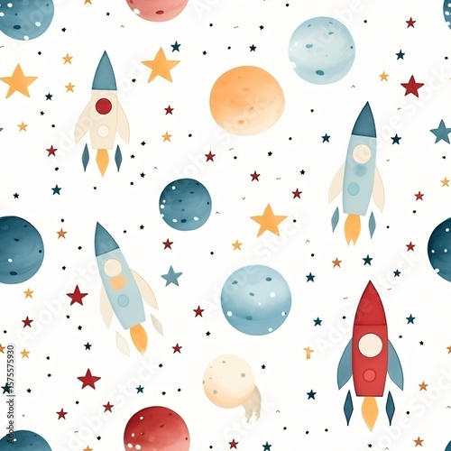 Fototapeta Naklejka Na Ścianę i Meble -  Seamless pattern with a cute watercolor rocket in space surrounded by stars and colorful planets for a kid's fabric design.