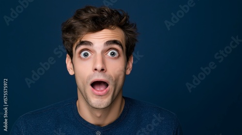 A man showing awe on a bold indigo background, wide-eyed stare, slightly open mouth, natural contours enhanced