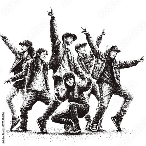 Group of hip hop dancers, black and white vector sketch
