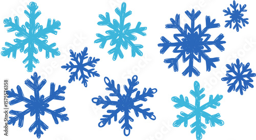 crayon drawn collection of snowflakes on white background, naive childlike style — graphic element for stylish winter Christmas design SVG

