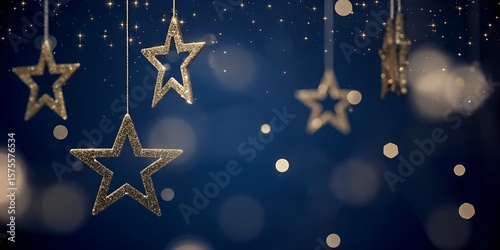 Glittering Hanging Star Ornaments with Bokeh Lights on Midnight Blue Background – Festive AI Concept
