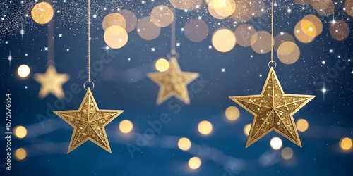 Glittering Hanging Star Ornaments with Bokeh Lights on Midnight Blue Background – Festive AI Concept