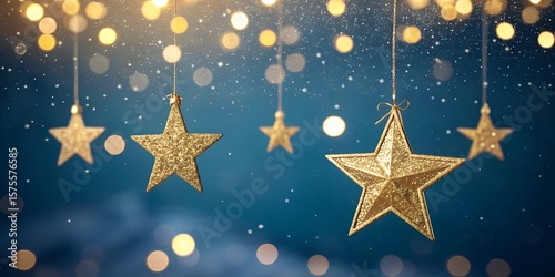 Glittering Hanging Star Ornaments with Bokeh Lights on Midnight Blue Background – Festive AI Concept