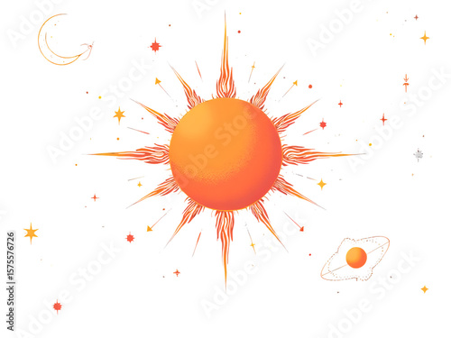 Stylized Celestial Pattern Featuring an Orange Sun with Golden Rays Surrounded by Stars a Crescent Moon and a Planet on a Black Background isolated on a transparent background