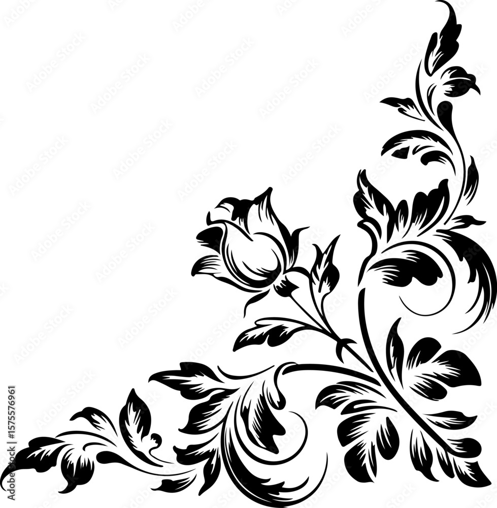 Image features a black and white ornamental corner design, showcasing an intricate floral pattern. The style is reminiscent of classic baroque or Victorian motifs, with swirling leaves and stylized fl Image features a black and white ornamental corner design, showcasing an intricate floral pattern. The style is reminiscent of classic baroque or Victorian motifs, with swirling leaves and stylized fl