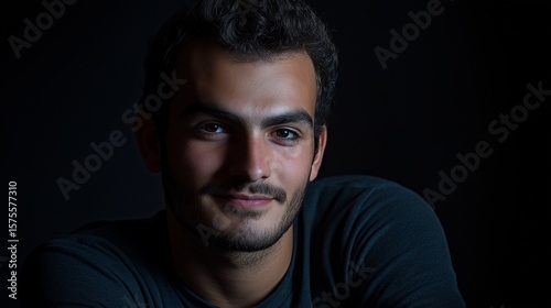 A man smirking slightly on a charcoal black background, soft directional light, authentic mood, detailed close-up