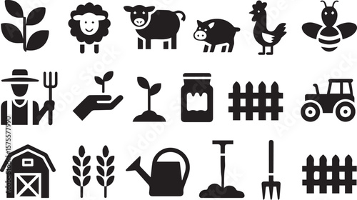  Farming, agriculture icon set. Vector glyph pictograms of tractor, barn, greenhouse, livestock, wheat, crop cultivation, livestock, and sustainable