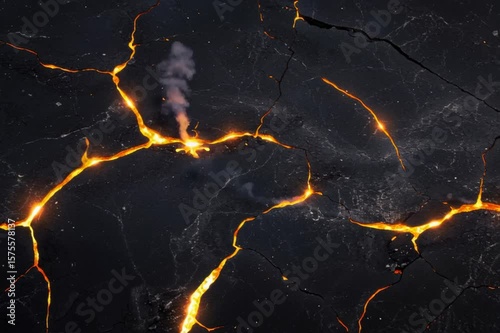Striking cracked dark texture displays vibrant glowing orange lava fissures with a hot abstract design on a black background