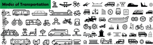 Illustration displaying various modes of transportation including cars and airplanes and bicycles etc