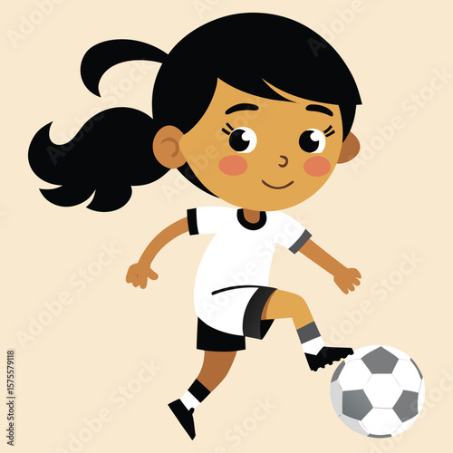 Cute cartoon girl playing soccer with a ball dribbling and smiling isolated on transparent background