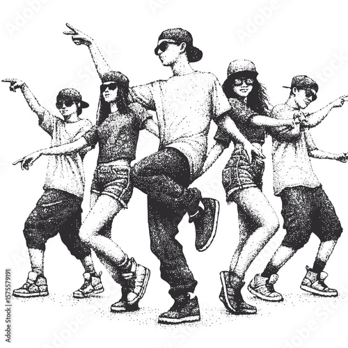A group of young people dancing hip hop together. black and white vector illustration