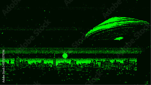 Alien spaceship and city skyline in green pixel night. Urban silhouette and science in retro digital style vector illustration.